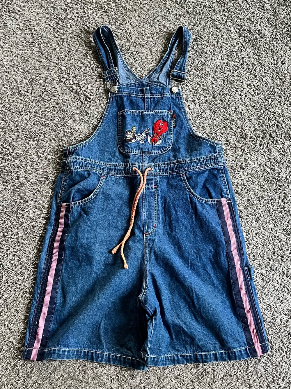 Vintage Girls Embroidered Denim Overalls Shorts Tweety Bird Looney Tunes Size 14